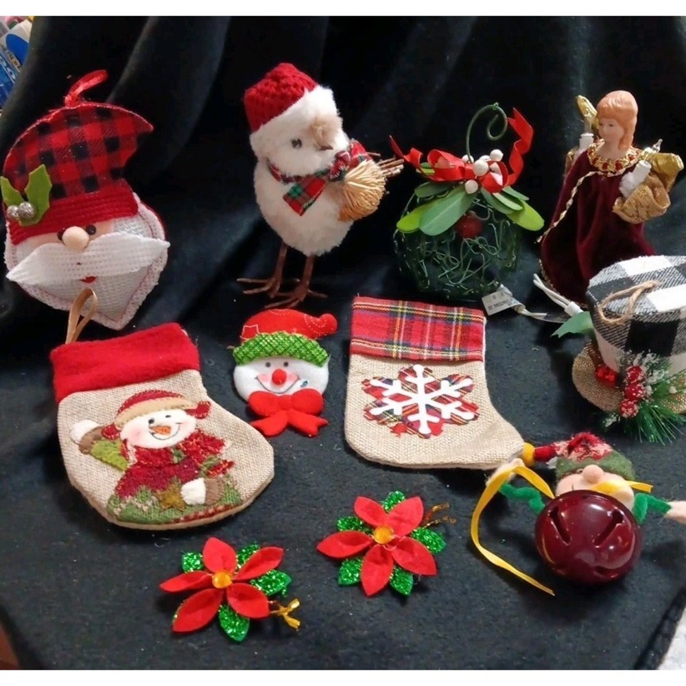 Lot Vtg Christmas Santa Claus Bird Tree Topper Mini Stockings Top Hat Ornaments